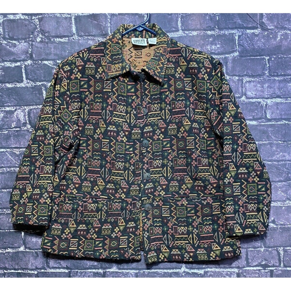 Chicos Design Tapestry Jacket Womens Large Black Red Green Southwestern Boho